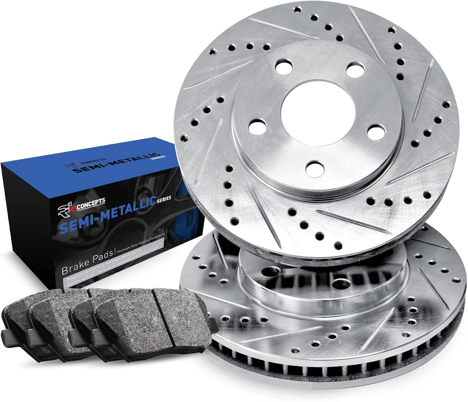R1 Concepts Rear Brake Kit Fits 2019-2020 Audi A8, e-tron, Q8; 2017-2020 Audi Q7; 2020 Audi S6, S8| Semi Met Brake Pads and Drilled Slotted Brake Rotors| 13.8' Rear