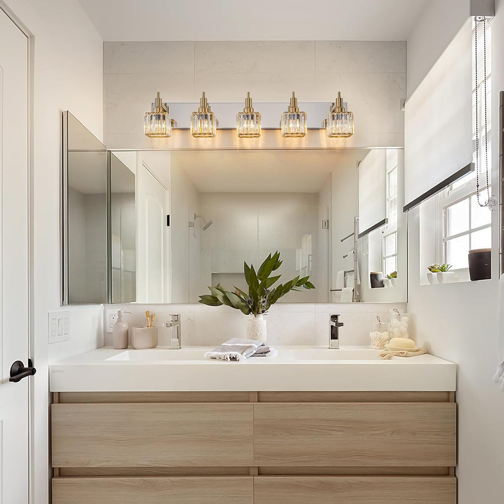 Crystal Bathroom Light Gold Chrome 5-Light Modern Bathroom Vanity Fixtures Over Mirror Square Wall Sconce