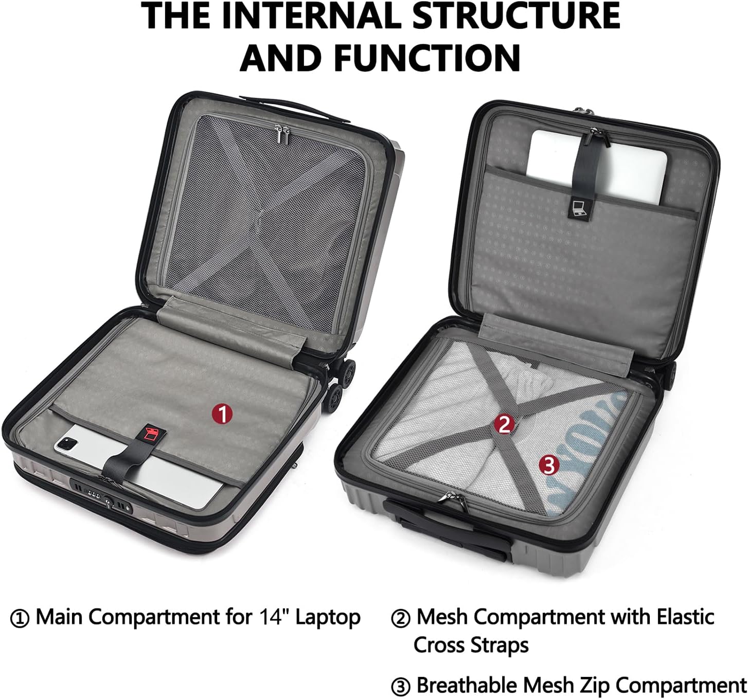 TydeCkare 16' Carry on Luggage with 2 Laptop Compartments, Lightweight Hardshell ABS+PC Suitcase with Dual Control TSA Lock, with YKK Zipper, 4 Spinner Silent Wheels, for Business Travel, Silver Grey