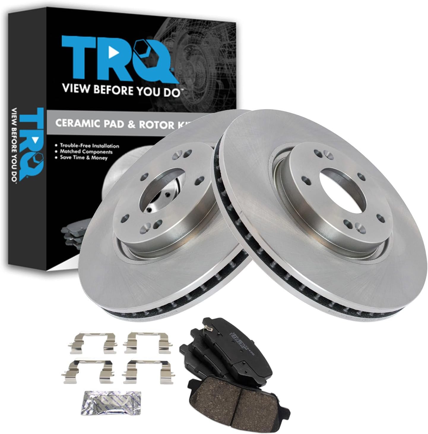 TRQ Front Brake Pad and Rotor Set Ceramic Vented Rotors Compatible with 2013-2016 Hyundai Veloster 2014-2016 Kia Forte Koup Forte5