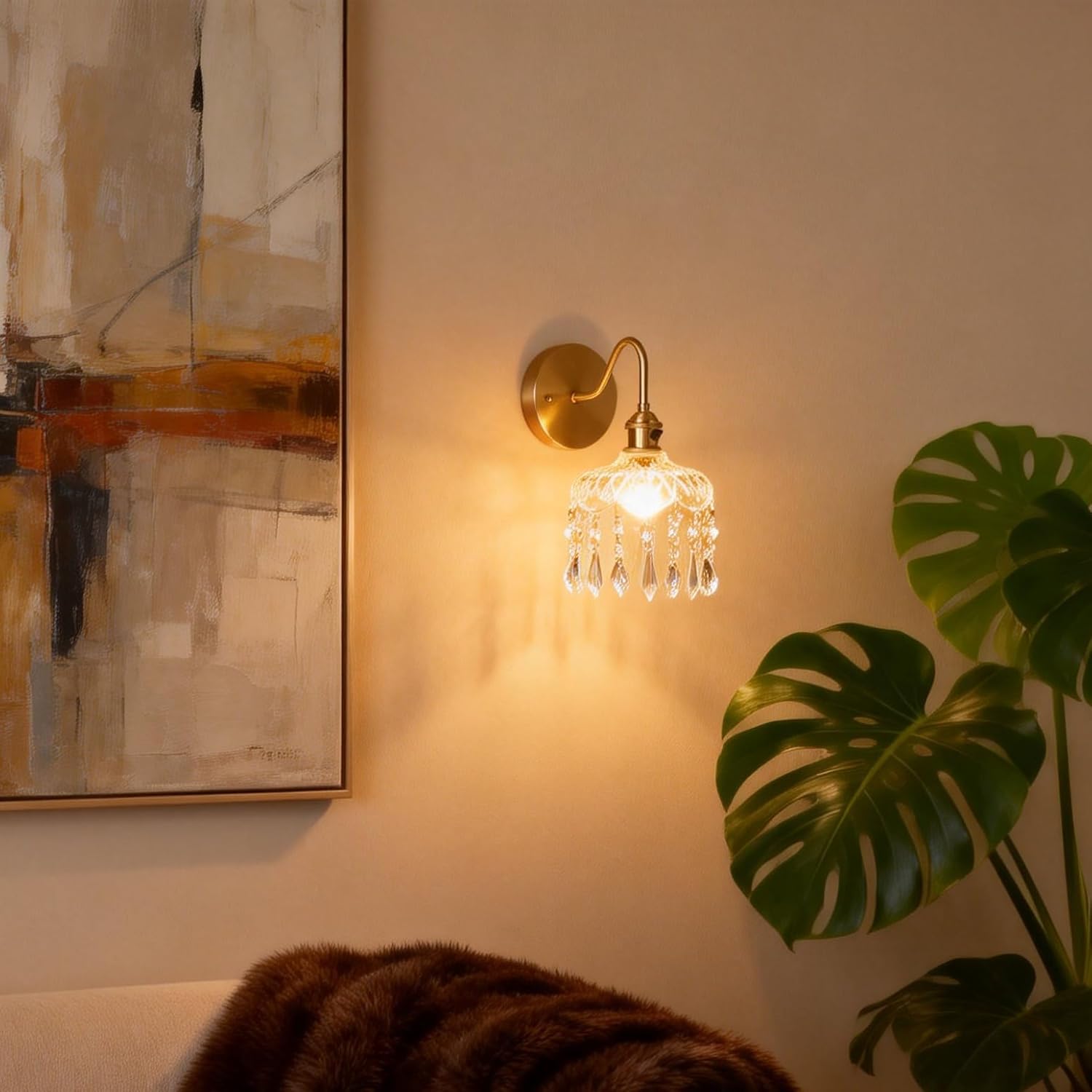 Crystal Wall Sconce Set, Gold Brass Fixture with Glass Shade and Hanging Crystals, Modern Elegant Wall Light, 2 Pack