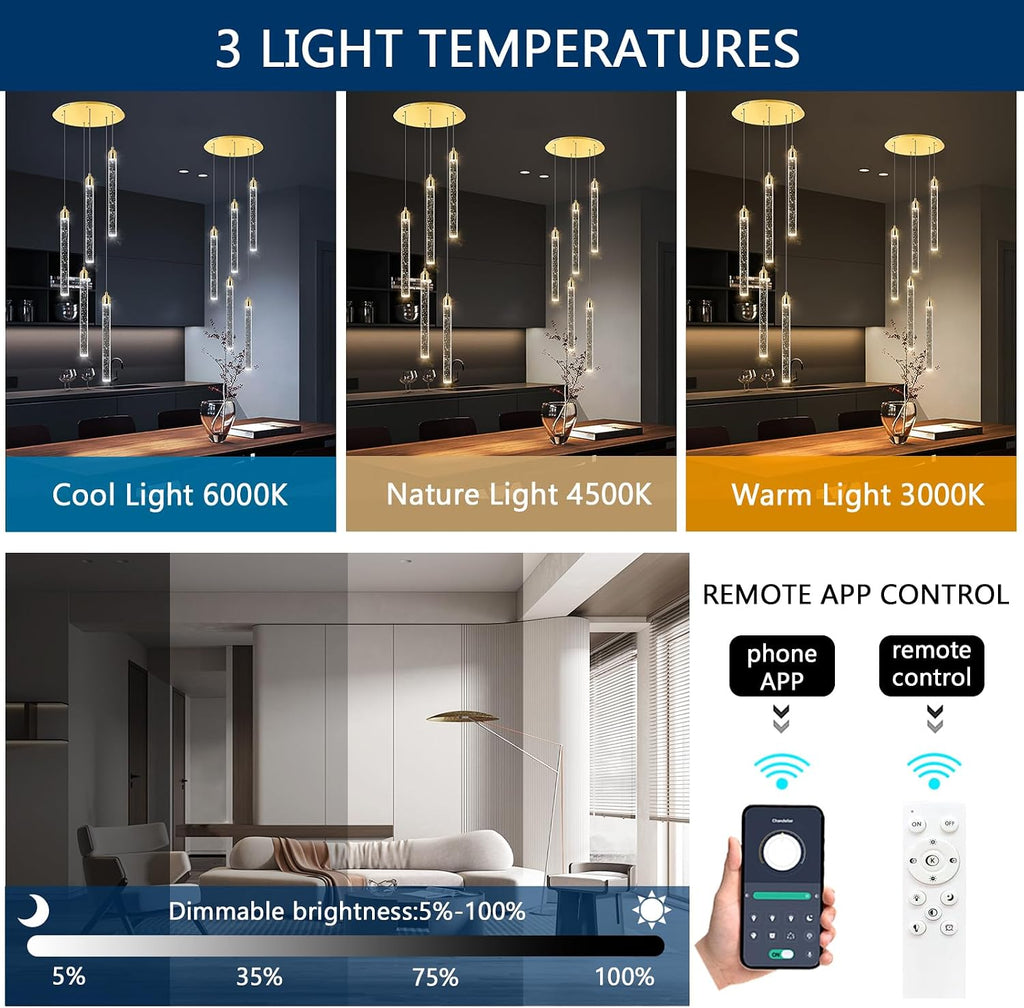 Mini Chandelier Modern Pendant Lights LED Bubble Crystal Kitchen Island Light Fixtures Gold Mini Pendant Lighting for Kitchen Island Dining Room Bedroom Bar Dimmable Ceiling Hanging Lights 2700K 6000K