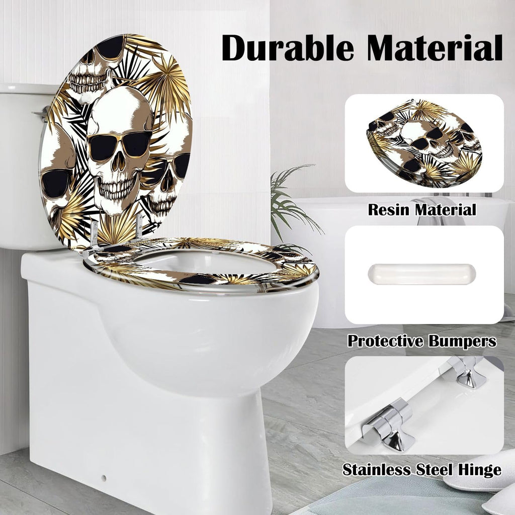 Round Toilet Seat Seamless gold silver pattern Tropical leaves Exotic fan palm human Resin Toilet Seat Slow Quiet Close with Quick-Release Hinges Toilet Seat with Cover Easy to Clean Install