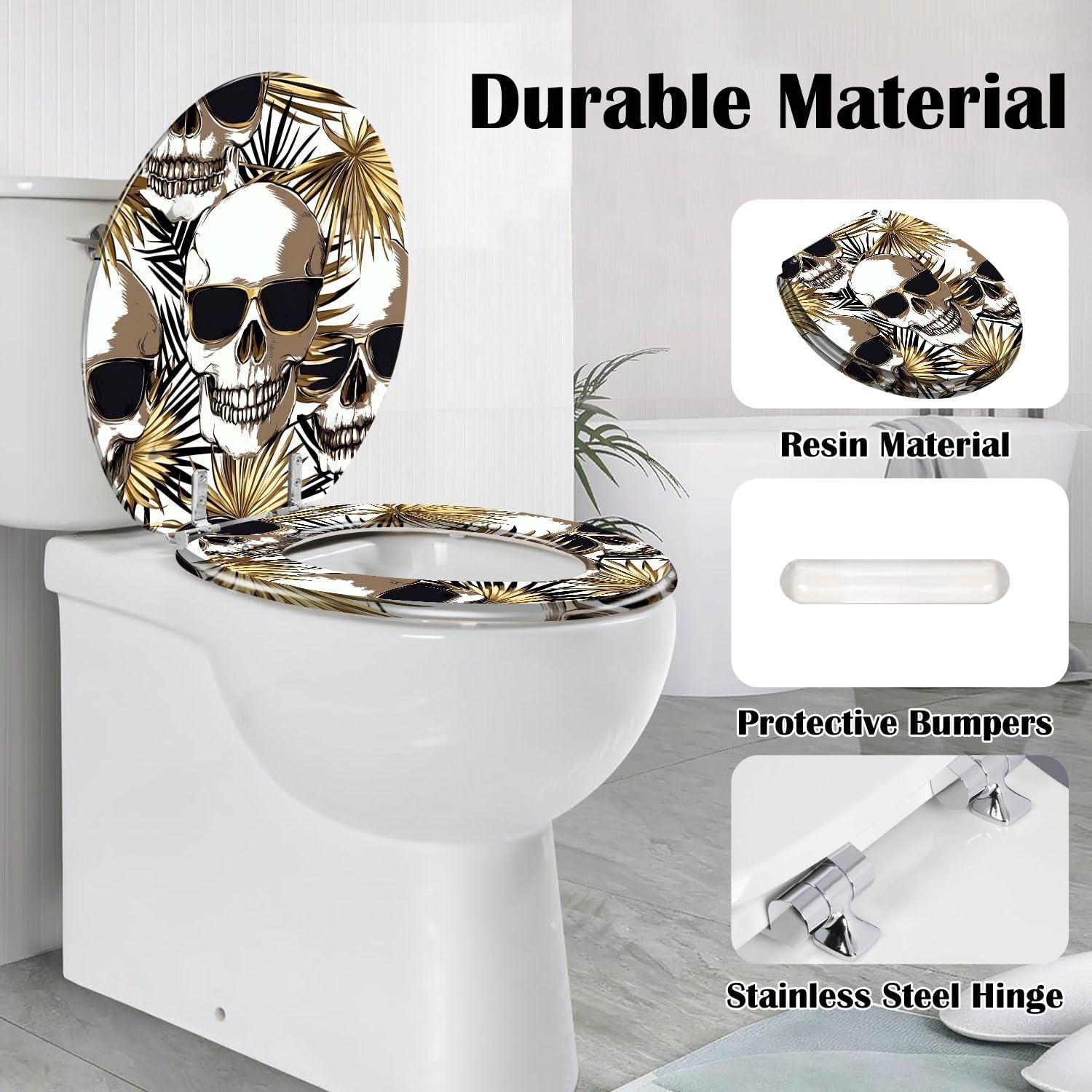Round Toilet Seat Seamless gold silver pattern Tropical leaves Exotic fan palm human Resin Toilet Seat Slow Quiet Close with Quick-Release Hinges Toilet Seat with Cover Easy to Clean Install