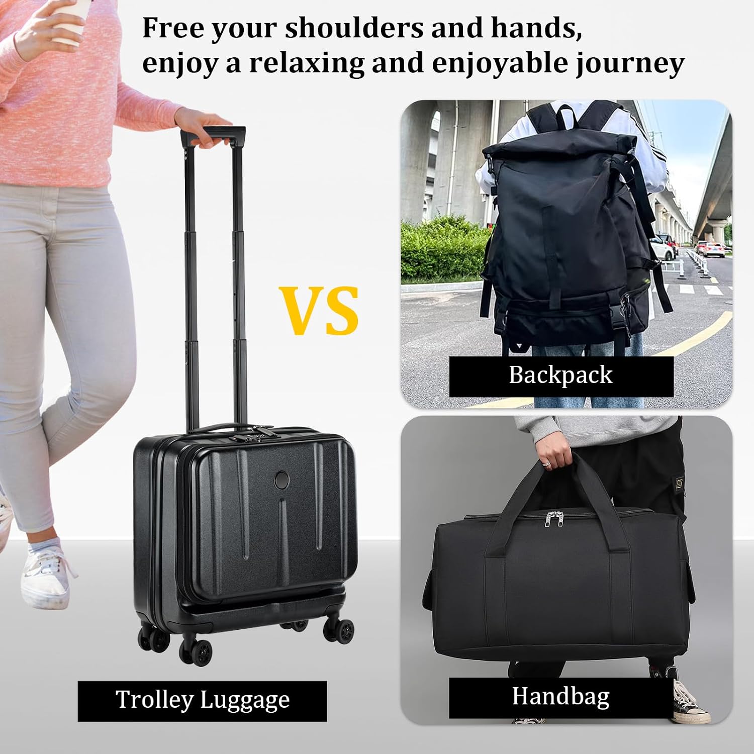 16 Inch Carry On Luggage with 2 Compartments for 14' & 15' Laptop, 16.14*8*17.12' Rolling Briefcase, Lightweight Hardshell ABS+PC Suitcase with Spinner Silent Wheels, for Business Trip, Black