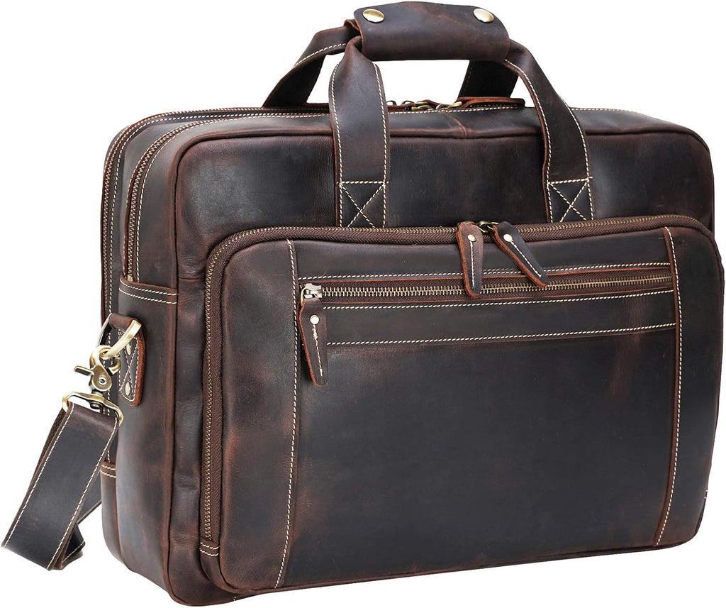 Men's Solid Thick Full Grain Leather 17.3' Laptop Briefcase Classic Messenger Bag Fit Business Travel | Solid, Thick, Full Grain Leather, 17.3', Classic, Fit