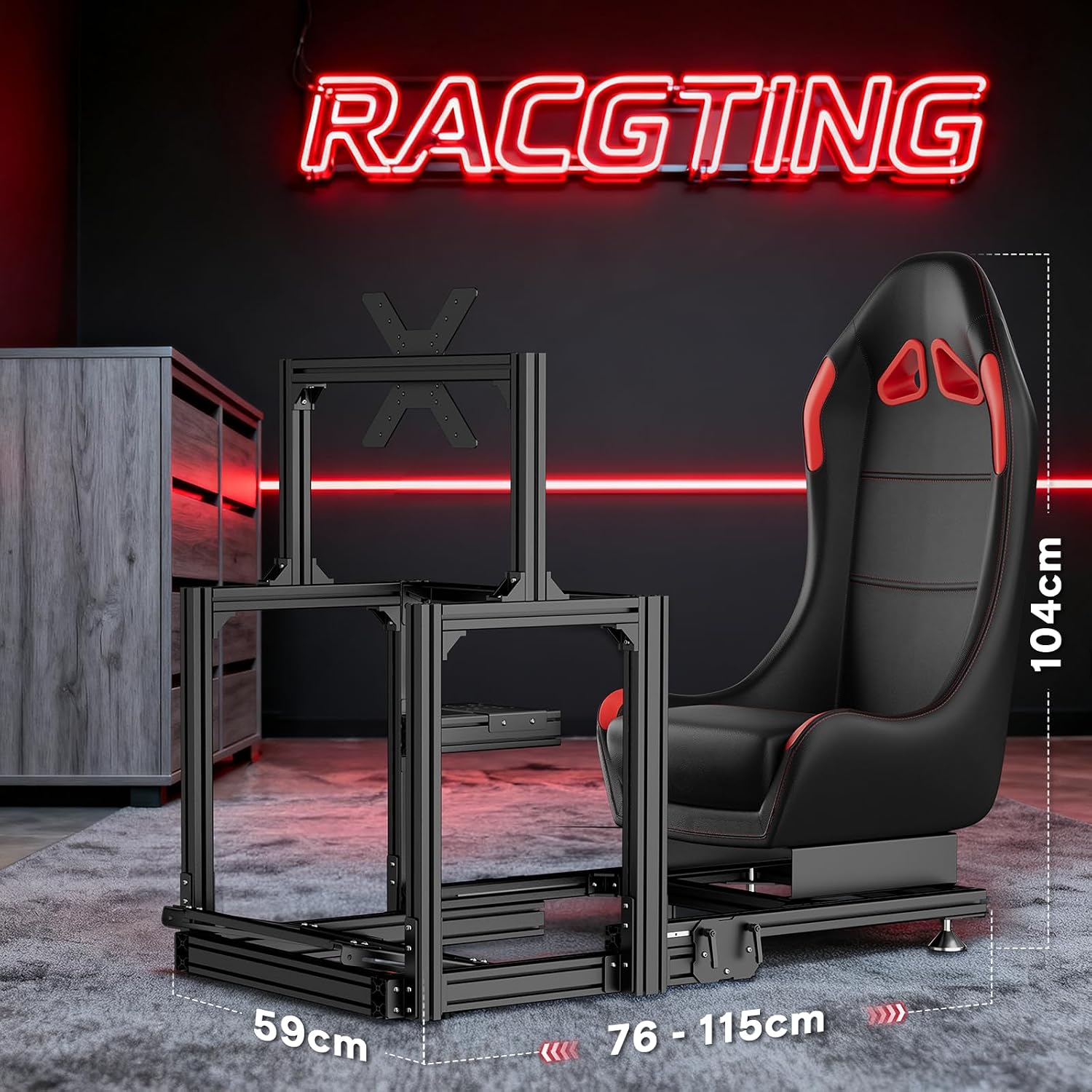 RACGTING Aluminum Racing Simulator Cockpit with TV Mount, Foldable Sim Racing Cockpit with Leather Seat, Ultra-Stable 180kg Load, Fits Logitech, Thrustmaster, Fanatec & MOZA Wheels