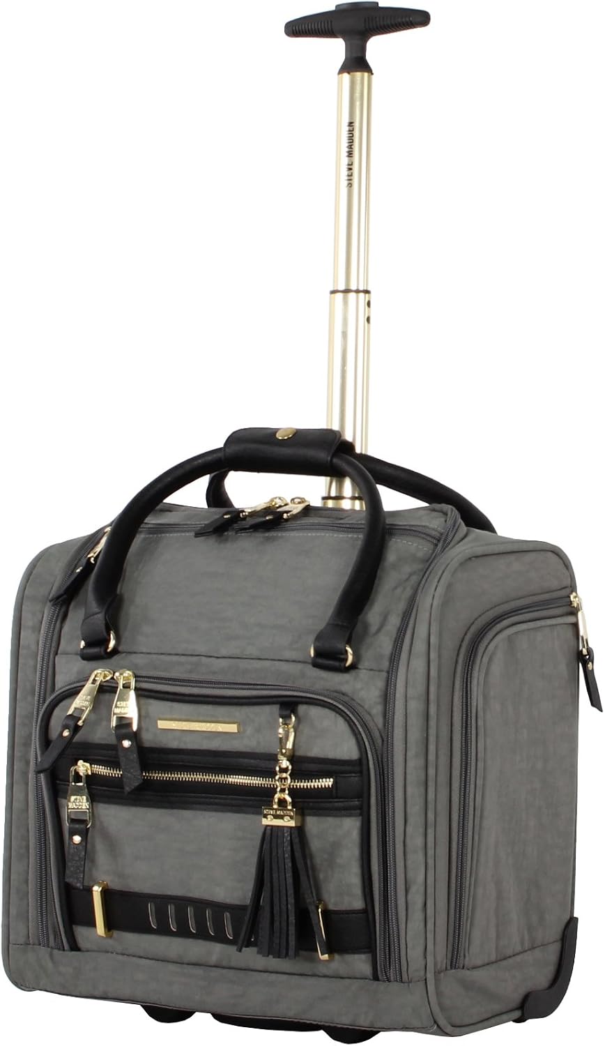 Steve Madden Designer 15 Inch Carry On - Weekender Overnight Business Travel Luggage - Lightweight 2- Spinner Wheels Suitcase - Under Seat Rolling Bag for Women, Peek-a-boo Grey, 15.0 x 14.0 9.0