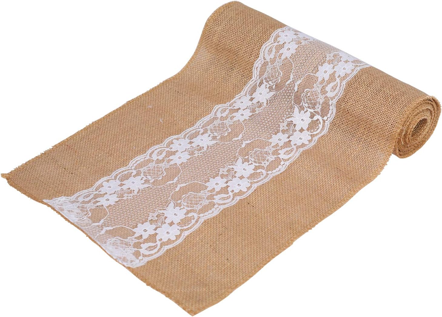 MDS 10 PCS 100% Natural Burlap Table Runners 12' x 108' with Lace, Rustic Farmhouse Country Vintage Boho Jute Runner for Wedding Reception Birthday Party Home Kitchen Dining Coffee Table Decoration
