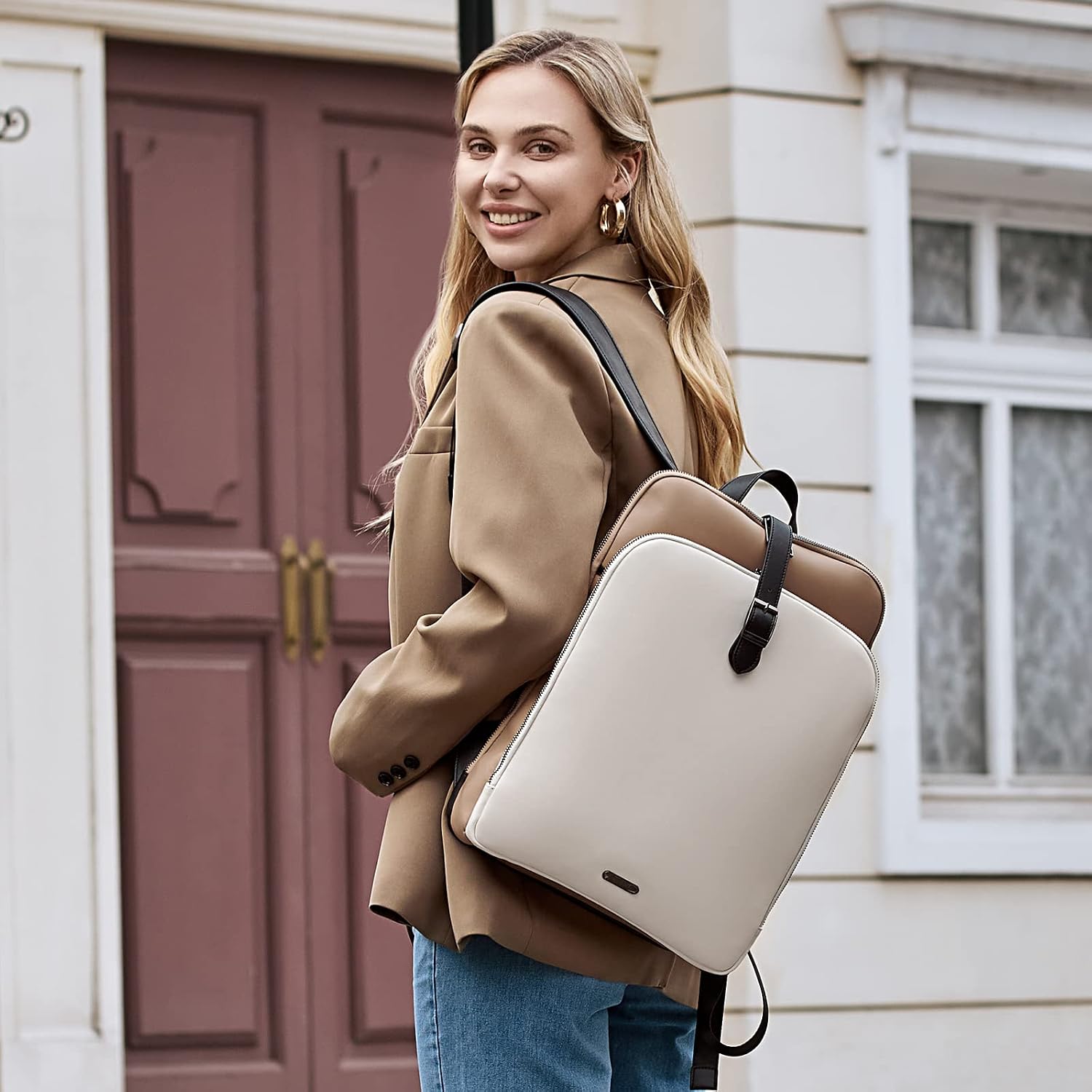 CLUCI Leather Backpack for Women, 15.6 inch Laptop Bag, Large Genuine Work Backpack Travel Back