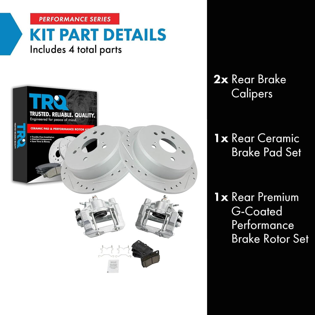 TRQ Performance Rear Brake Pad and Rotor Set Ceramic Solid G Coated Rotors Calipers Compatible with 2006-2013 Lexus IS250