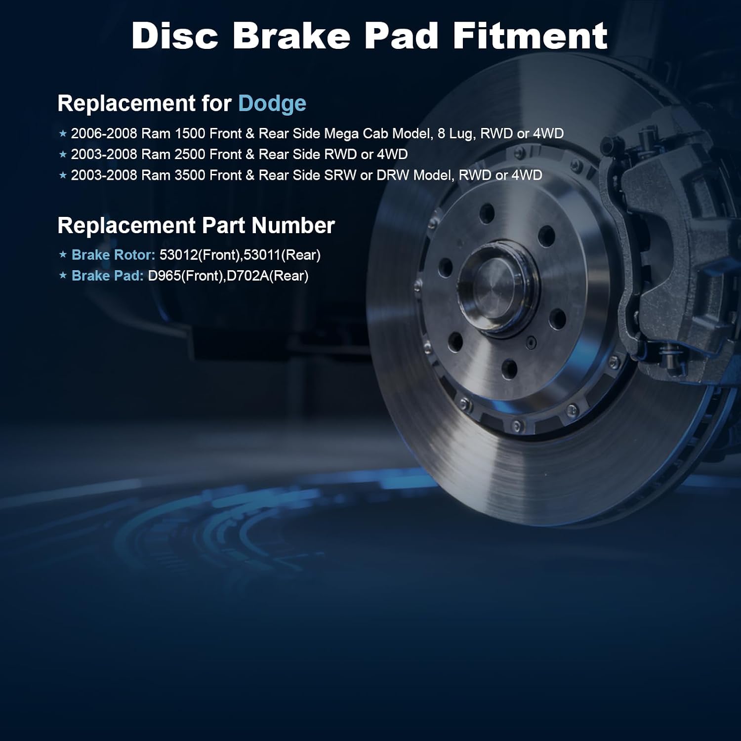 Front & Rear Drilled and Slotted Disc Brake Rotors & Ceramic Brake Pads Kit Fit for Dodge 2006-2008 Ram 1500 Mega Cab Model, 8 Lug, 2003-2008 Ram 2500; for 2003-2008 Ram 3500#53012 53011