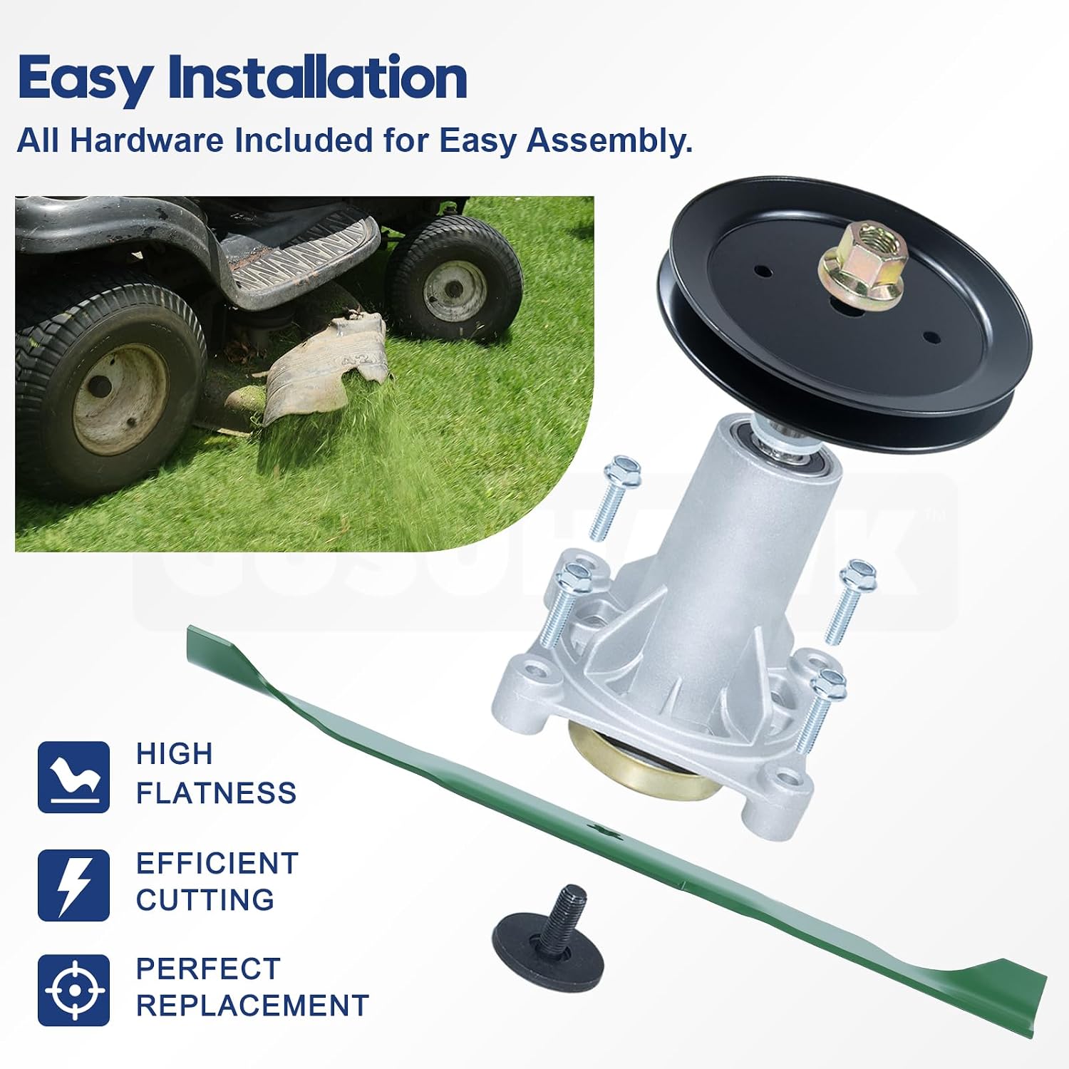 2 Pack 587819701 Spindle Assembly Kit with 197473 Spindle Pulley 196106 177968 Idler Pulley 532405380 Mower Blades 532174873 Deck Wheels 1/2x106 Belt for Husqvarna YTH22V46 Deck Rebuild Kit