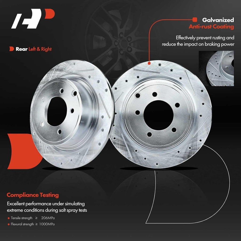 A-Premium 11.89 in (302mm) Rear Drilled and Slotted Disc Brake Rotors + Ceramic Pads Kit Compatible with Select Jeep, Chrysler, Dodge & Mitsubishi Models - Compass, Patriot, 200, Avenger, Sebring, RVR