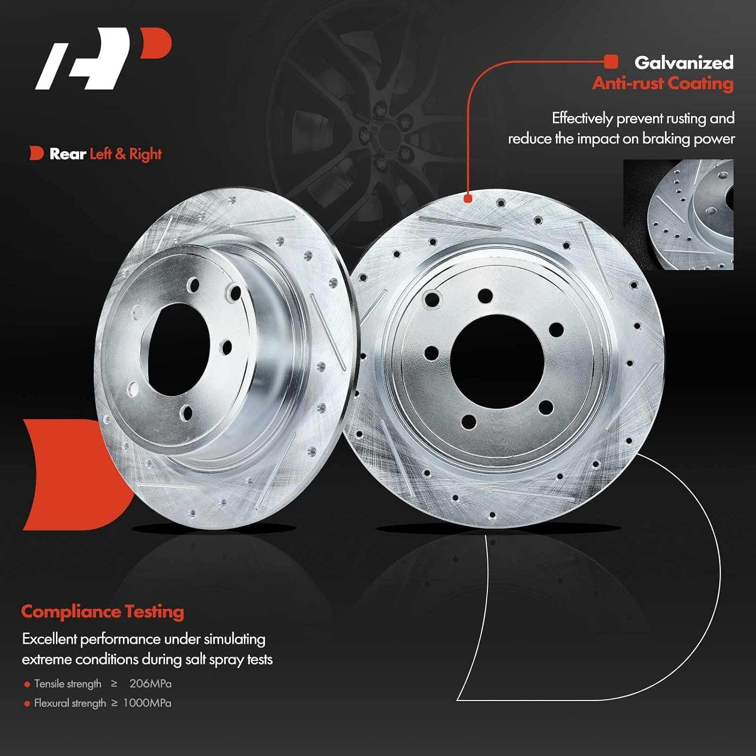 A-Premium 11.89 in (302mm) Rear Drilled and Slotted Disc Brake Rotors + Ceramic Pads Kit Compatible with Select Jeep, Chrysler, Dodge & Mitsubishi Models - Compass, Patriot, 200, Avenger, Sebring, RVR