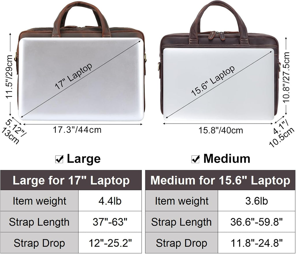 Masa Kawa Leather Briefcase for Men 15.6', 17' Laptop Computer Case Business Travel Work Messenger Cross Body Shoulder Bag