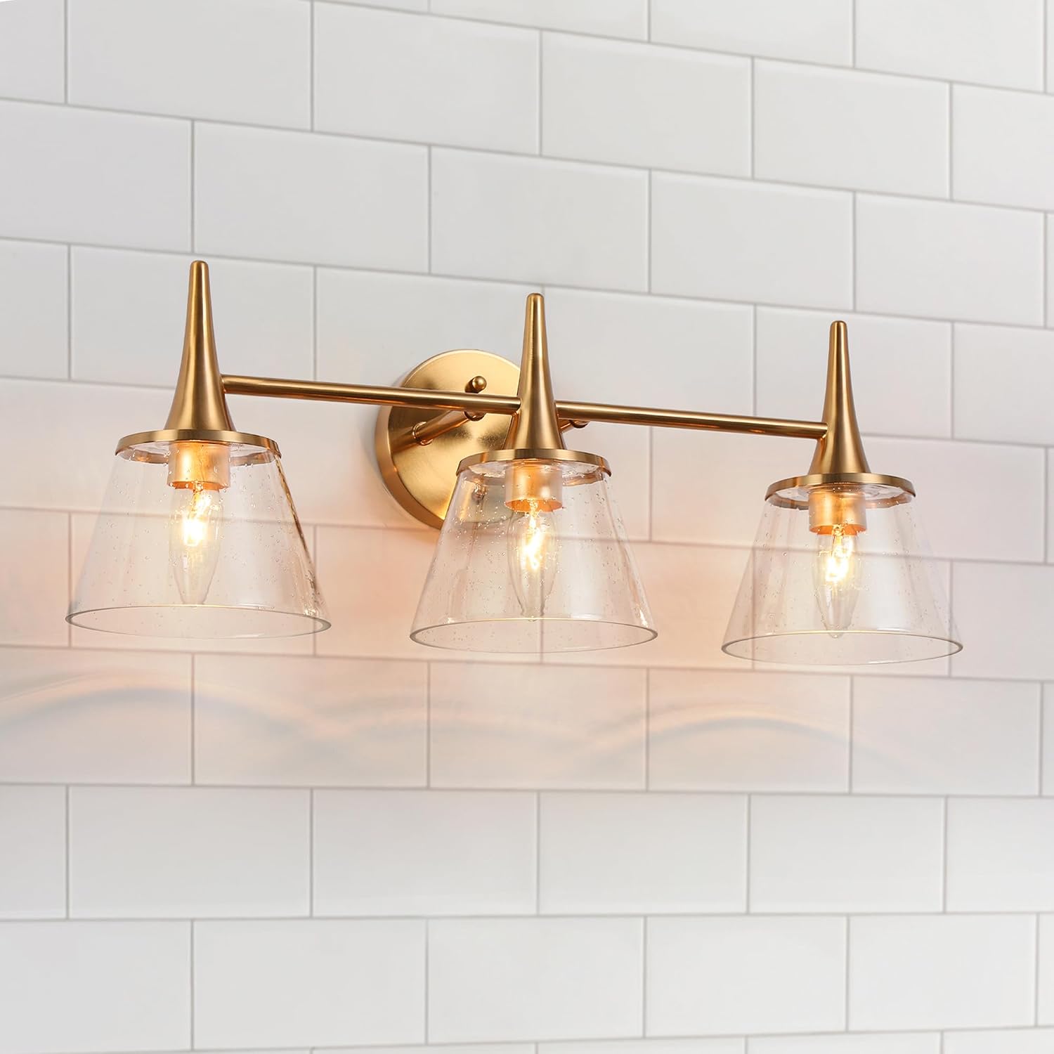 KSANA Gold Bathroom Light Fixtures, 22.5'' Modern Plating Brass Vanity Lights with Seeded Glass Shade, 3-Light Copper Bathroom Lighting Over Mirror