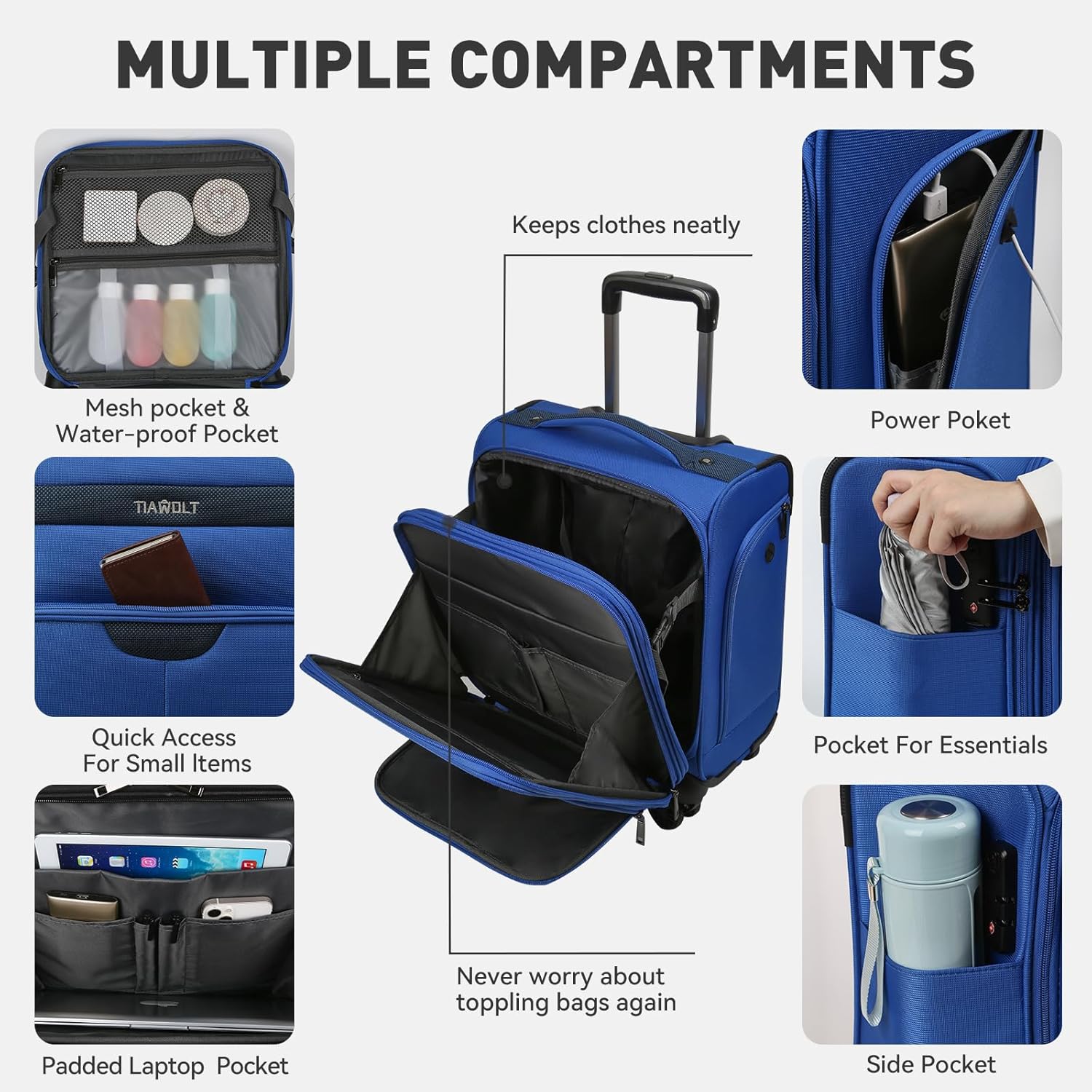 16 Inch Underseat Carry on Luggage With Wheels Weekender Overnight Business Travel Bag Suit cases Mini Suitcases with Wheels Under Seat Bag for Airlines,Blue