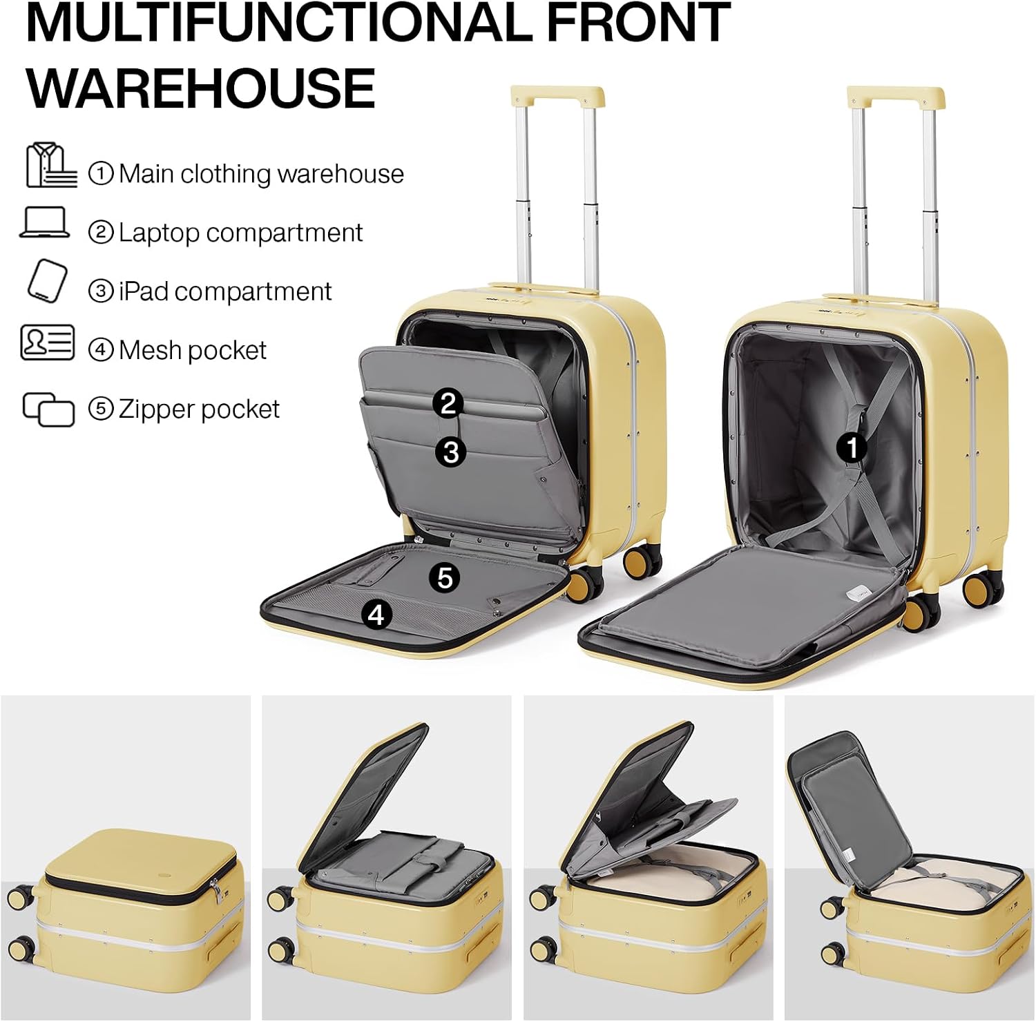 mixi Carry On Luggage, 18' Suitcase with Front Pocket, Travel Luggage Aluminum Frame PC Hardside with Spinner Wheels & TSA Lock and Cover (Not for Underseat), Lark Yellow