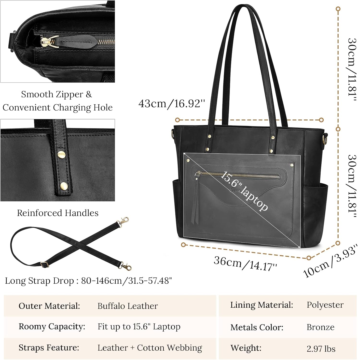 S-ZONE Women Genuine Leather Tote Bag Large Shoulder Purse Vintage Crossbody Work Handbag