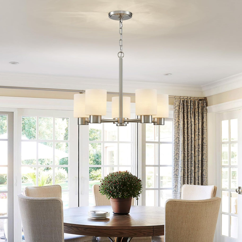 WUZUPS 5-Light Pendant Chandelier Light Frosted White Glass Shade with Grain Ceiling Lighting Elegant Modern Fixture Bathroom Kitchen Dining Room Entry Foyer, H 15.8' W21, E12 Base, Brushed Nickel