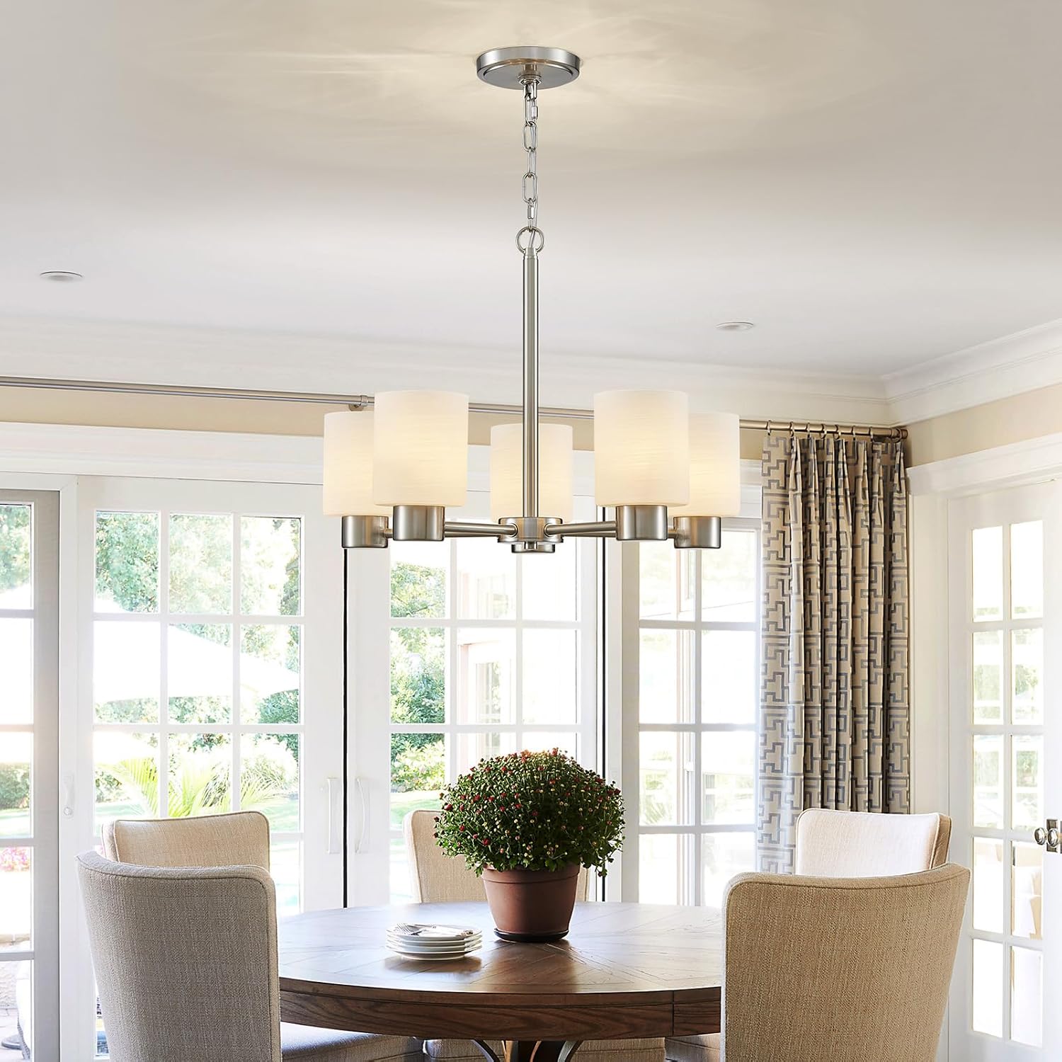 WUZUPS 5-Light Pendant Chandelier Light Frosted White Glass Shade with Grain Ceiling Lighting Elegant Modern Fixture Bathroom Kitchen Dining Room Entry Foyer, H 15.8' W21, E12 Base, Brushed Nickel