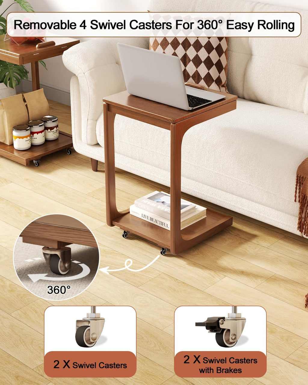 AQIMUELE Wooden C-Shaped End Table,Couch Table with Adjustable Desktop,Small Rolling Side Table with 2 Lockable Wheels,Small End Table for Couch, Living Room,Bedroom (Walnut)