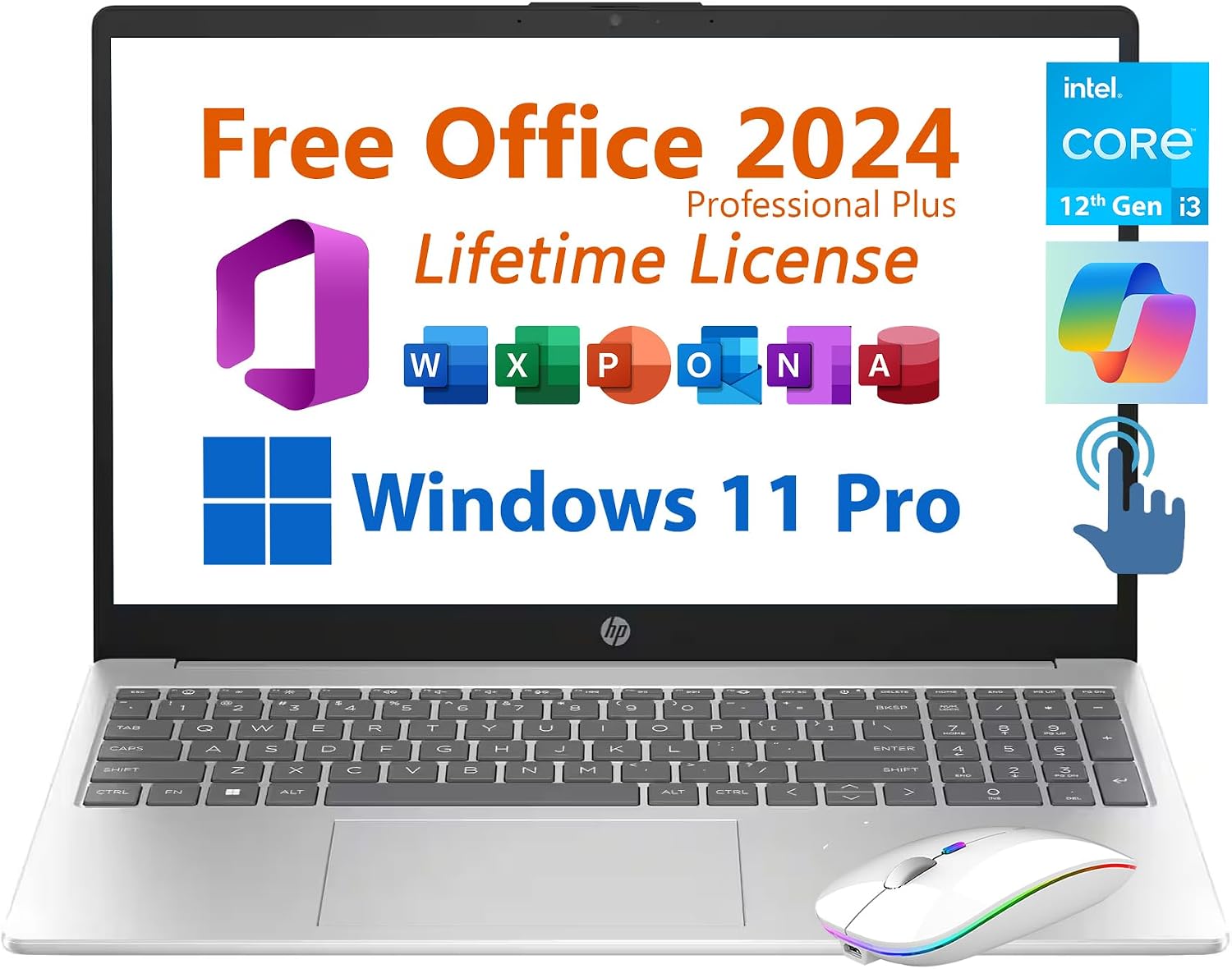 HP 15.6' Business Student Laptop, Free Microsoft Office 2024 Lifetime License, Copilot AI Chat, HD Touchscreen, Intel 6-Core i3-1215U 4.4 GHz, 32GB RAM, 2TB SSD, Long Battery Life, Windows 11 Pro