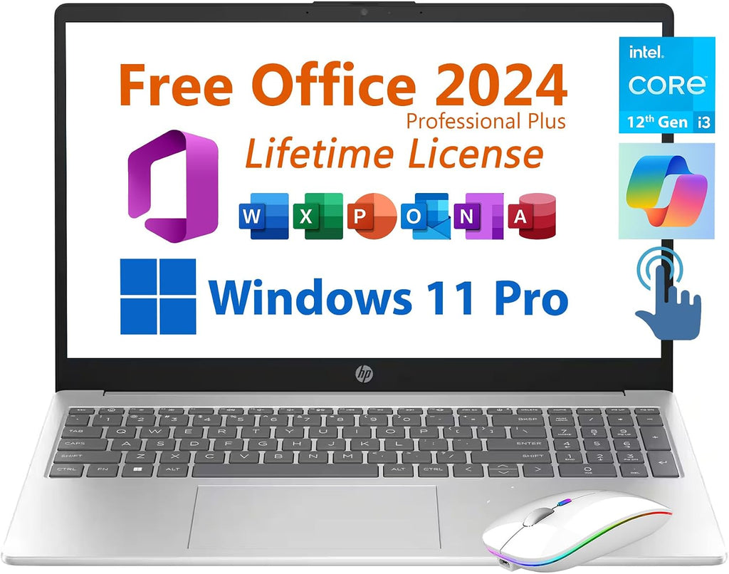 HP 15.6' Business Student Laptop, Free Microsoft Office 2024 Lifetime License, Copilot AI Chat, HD Touchscreen, Intel 6-Core i3-1215U 4.4 GHz, 8GB RAM, 256GB SSD, Long Battery Life, Windows 11 Pro