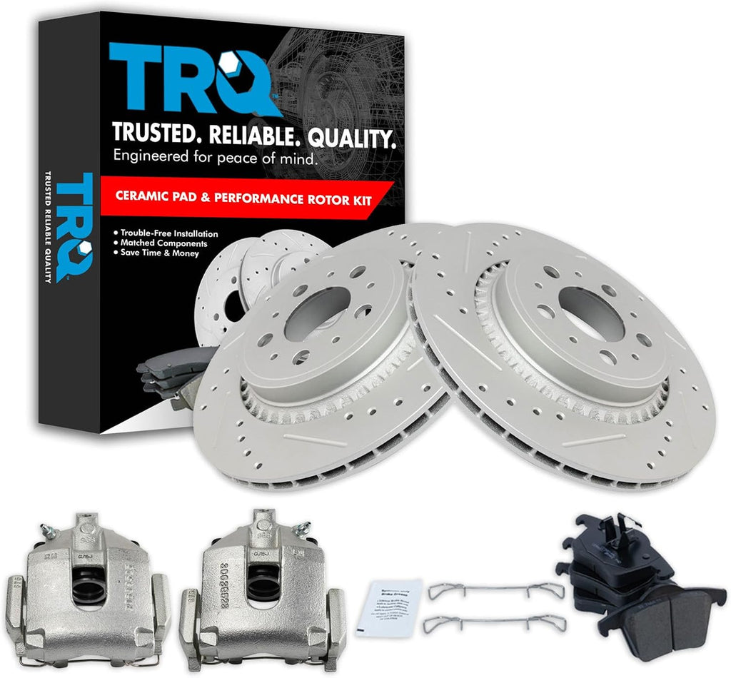 TRQ Performance Rear Brake Pad and Rotor Set Ceramic Drilled Slotted Coated Rotors Calipers Compatible with 2003-2014 Volvo XC90