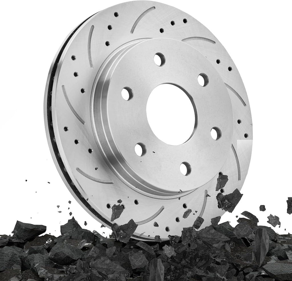 Front Rear Drilled Slotted Brake Rotors and Ceramic Brake Pads Kit, Replacement for Chevy Silverado 1500 1999-2007, Tahoe Suburban, Avalanche GMC Yukon XL 1500, Cadillac Escalade 2002-2006