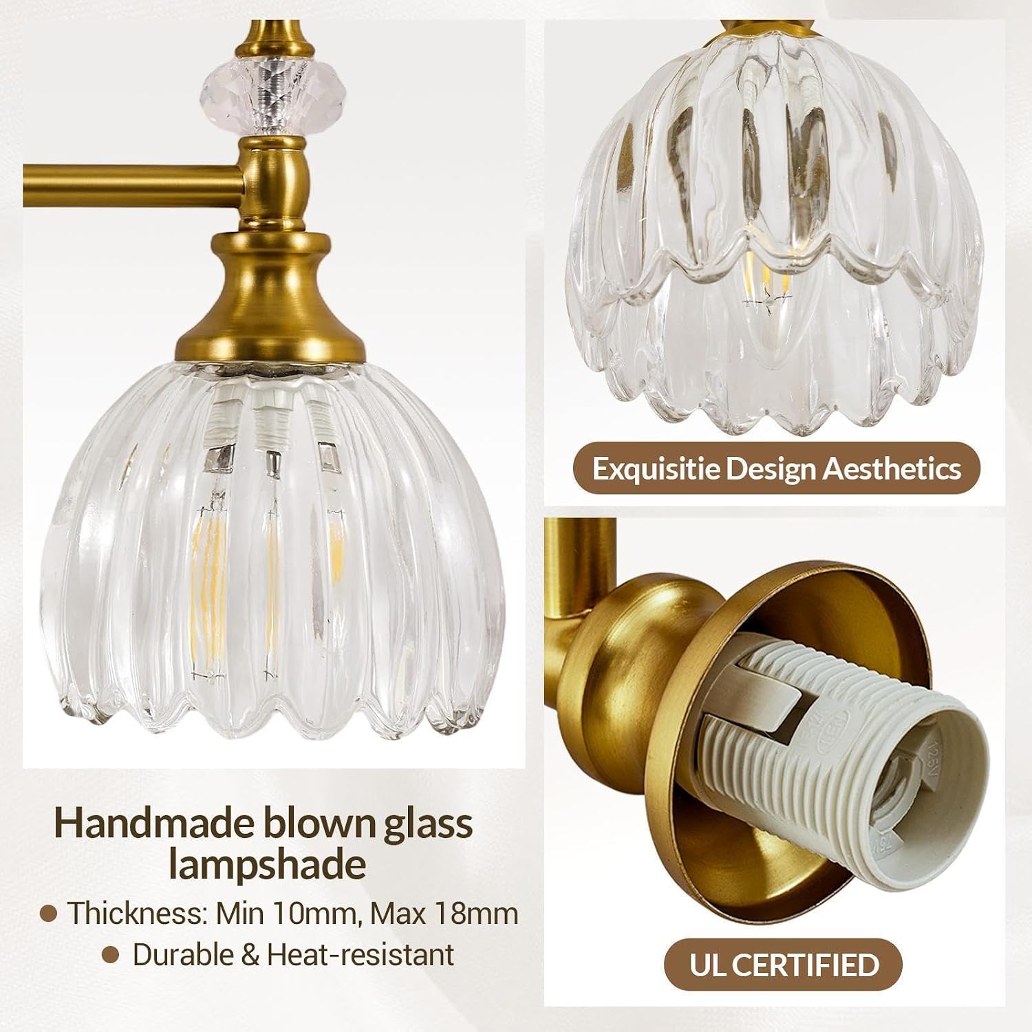 ANDY STAR 3-Light Brushed Gold Bathroom Vanity Light, Transitional Sconce | Ribbed Glass & Crystal Accent, Damp-Resistant, Heat-Resistant E12 Base, Reversible Up/Down Mounting
