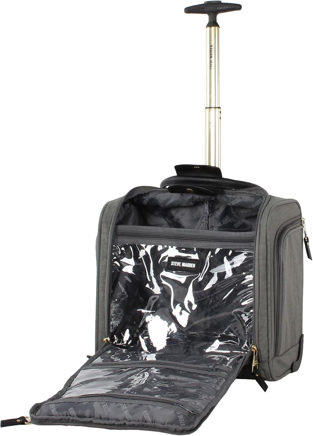 Steve Madden Designer 15 Inch Carry On - Weekender Overnight Business Travel Luggage - Lightweight 2- Spinner Wheels Suitcase - Under Seat Rolling Bag for Women, Peek-a-boo Grey, 15.0 x 14.0 9.0