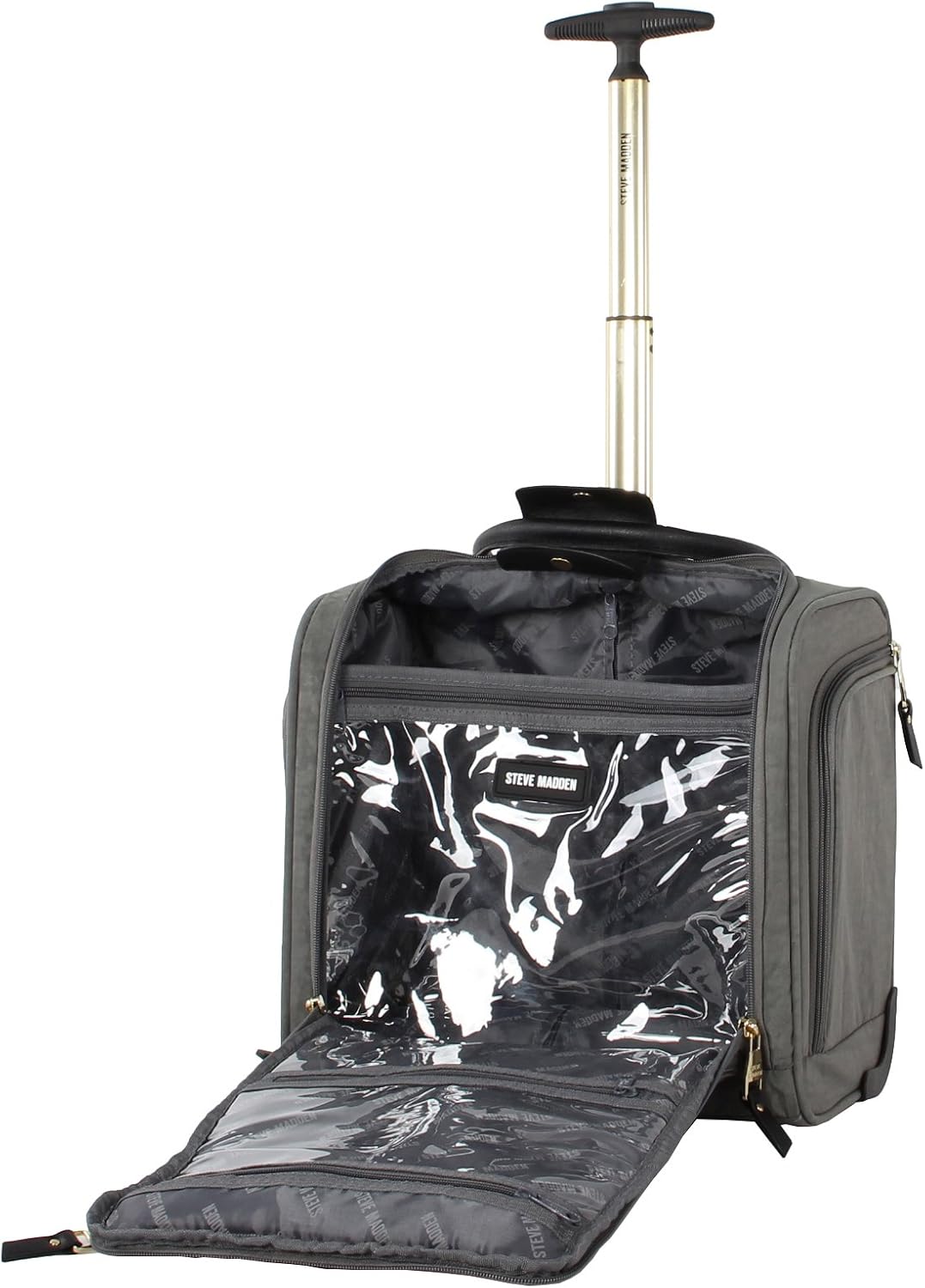 Steve Madden Designer 15 Inch Carry On - Weekender Overnight Business Travel Luggage - Lightweight 2- Spinner Wheels Suitcase - Under Seat Rolling Bag for Women, Peek-a-boo Grey, 15.0 x 14.0 9.0