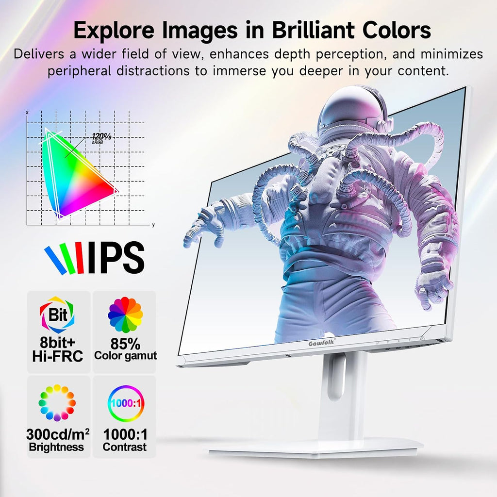 Gawfolk 27 Inch 4K Gaming Monitor 160Hz, White PC Computer Monitors UHD 3840 x 2160p, IPS Screen for Home & Office, Freesync, DP 1.4, HDMI 2.1, Eye Care, Wall Mount Compatible