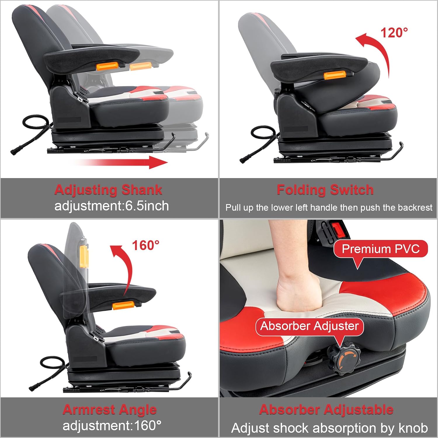 Universal Tractor Seat,Highback Low Suspension Forklift, Adjustable Backrest and Slide Rails,Adjustable Armrests Shock Absorber Heavy Duty Seat for Toro Mower Excavator Harvester