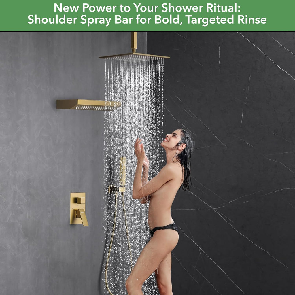 VANFOXLE Shower Faucet Set Brushed Gold Shower System, Four Modes Shower Faucet with 2 in 1 Handheld, Ceiling Mount 12 Inch Shower Head with 14 * 7 Inch Shoulder-Mounted Shower Massager
