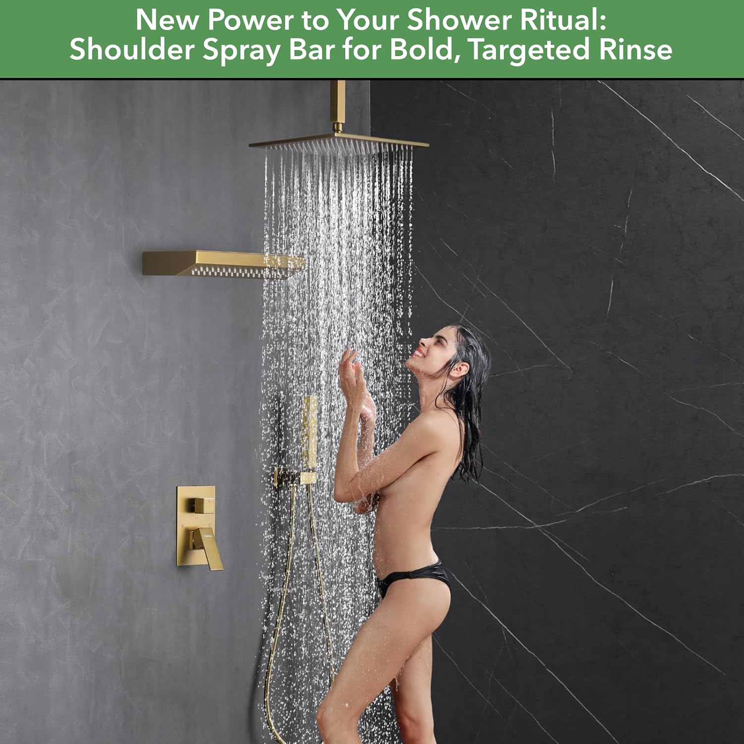 VANFOXLE Shower Faucet Set Brushed Gold Shower System, Four Modes Shower Faucet with 2 in 1 Handheld, Ceiling Mount 12 Inch Shower Head with 14 * 7 Inch Shoulder-Mounted Shower Massager