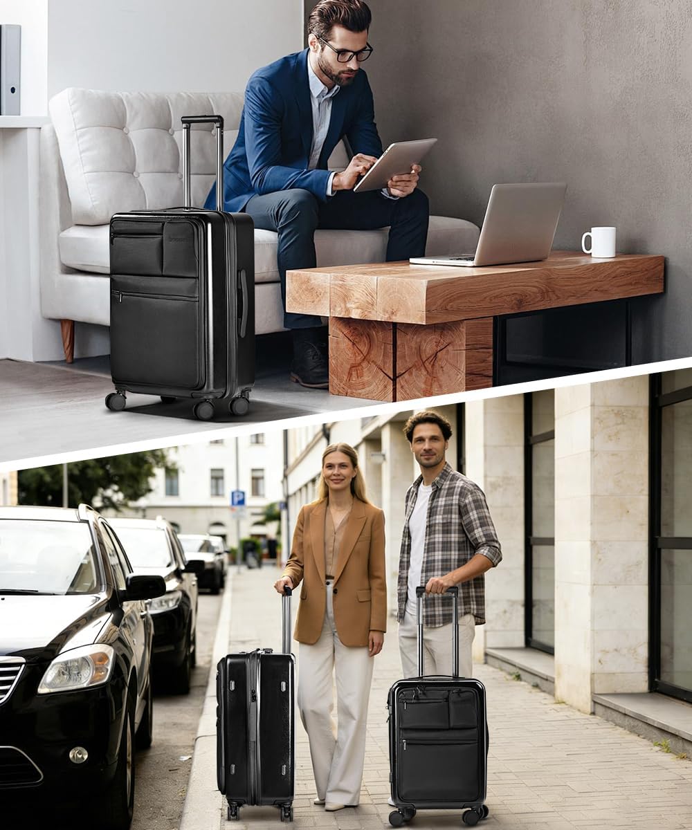 3 Piece Luggage Set with Front Pocket & USB Ports, Expandable Hardshell Suitcase Set 20' 24' 28', Spinner Wheels Travel Luggage with Laptop Compartment & TSA Lock, Hybrid Carry On & Checked Bags