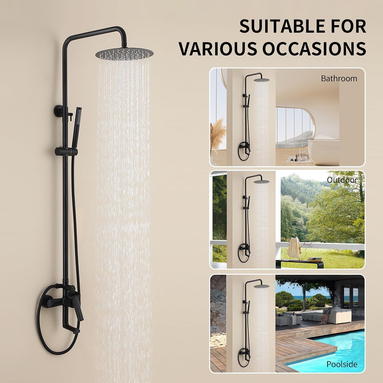 Exposed Shower Syem with Handheld, 3 Functions Bathtub Shower Faucet Sets with Brass Valve, Shower Fixture with 10-Inch Rainfall Shower Head, Height Adjustable Shower Set Matte Black