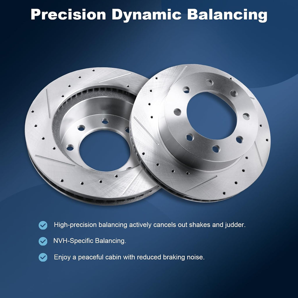 Front Drilled and Slotted Disc Brake Rotors & Ceramic Brake Pads Kit Fit for Dodge 2006-2008 Ram 1500 (8 Lug; Mega Cab Models ONLY), 2003-2008 Ram 2500, 2003-2008 Ram 3500#53012 D965