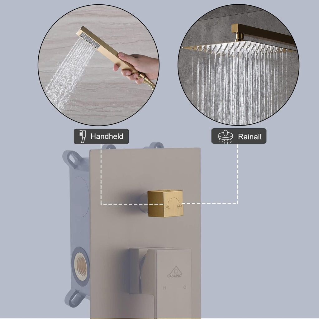 CASAINC 10 Inch Rain Shower Head with Handheld Spray, Wall Mounted Shower Valve and Trim Kit Luxury Shower Faucets Sets Complete Dual Shower Heads Shower System (Brushed Gold)