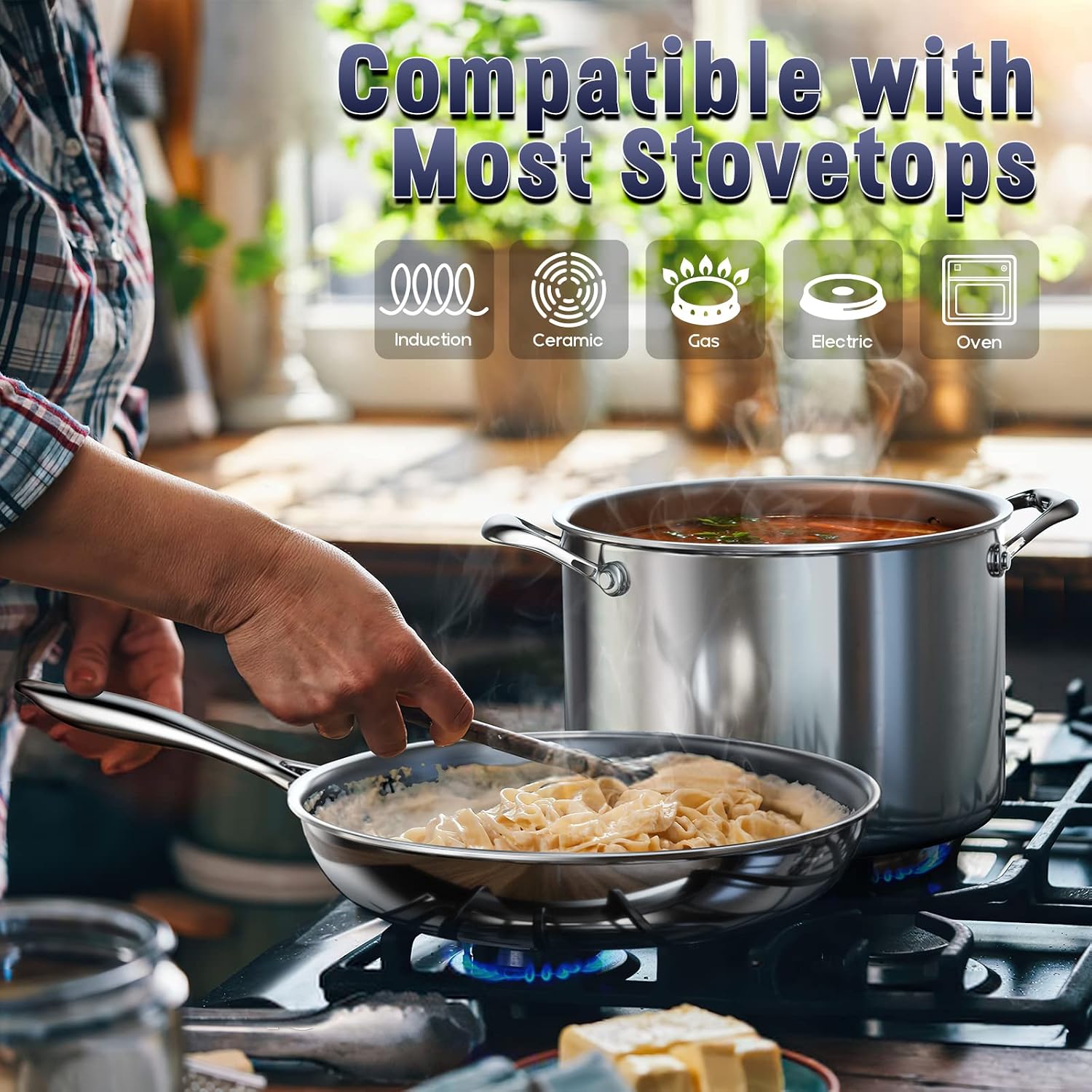 Cooks Standard 10-Piece Tri-Ply Clad Stainless Steel Cookware Set | Includes Saucepan, Steamer & Stockpot with Lids & Fry Pan. Aluminum Core for Even Heat. Oven & Dishwasher Safe