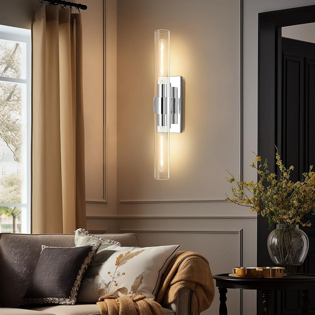 Chrome Wall Sconces, 22.8' Bathroom Sconces, Indoor Sconces Wall Lighting Up and Down, Nickel Wall Sconce Dimmable, Vanity Lights Fixtures with Tube, Glass Sconce for Bedroom, Staircase
