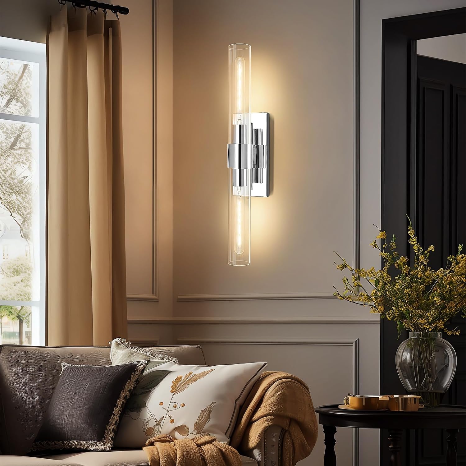 Chrome Wall Sconces, 22.8' Bathroom Sconces, Indoor Sconces Wall Lighting Up and Down, Nickel Wall Sconce Dimmable, Vanity Lights Fixtures with Tube, Glass Sconce for Bedroom, Staircase