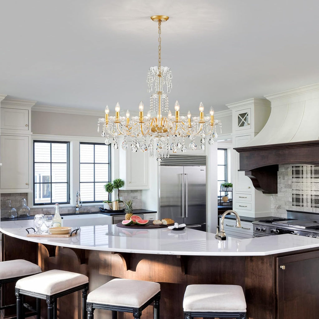 WUZUPS 10-Light Crystal Candle Chandelier Pendant Ceiling Light Modern Lighting Fixture for Bedroom Hallway Bar Kitchen Bathroom, H 26.7' W 33.9', E12 Base, Gold