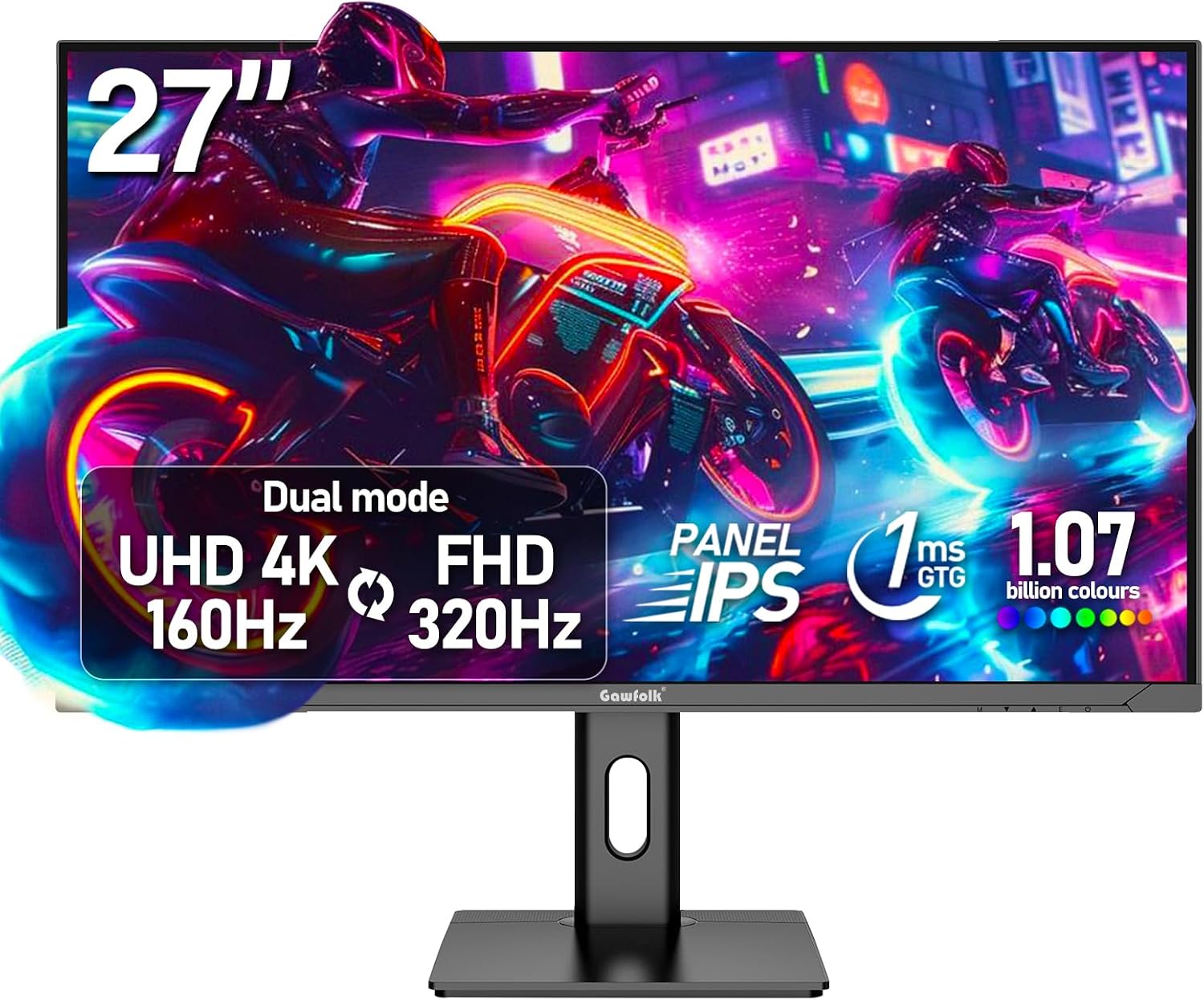 Gawfolk 27 Inch 4K Gaming Monitor, UHD 160Hz/ FHD 320Hz Dual Mode PC Monitor, IPS Computer Screen, Built-in Speakers, PIP/PBP, FreeSync, HDMI 2.1 & DP 1.4, Wall Mount Compatible 75 * 75mm