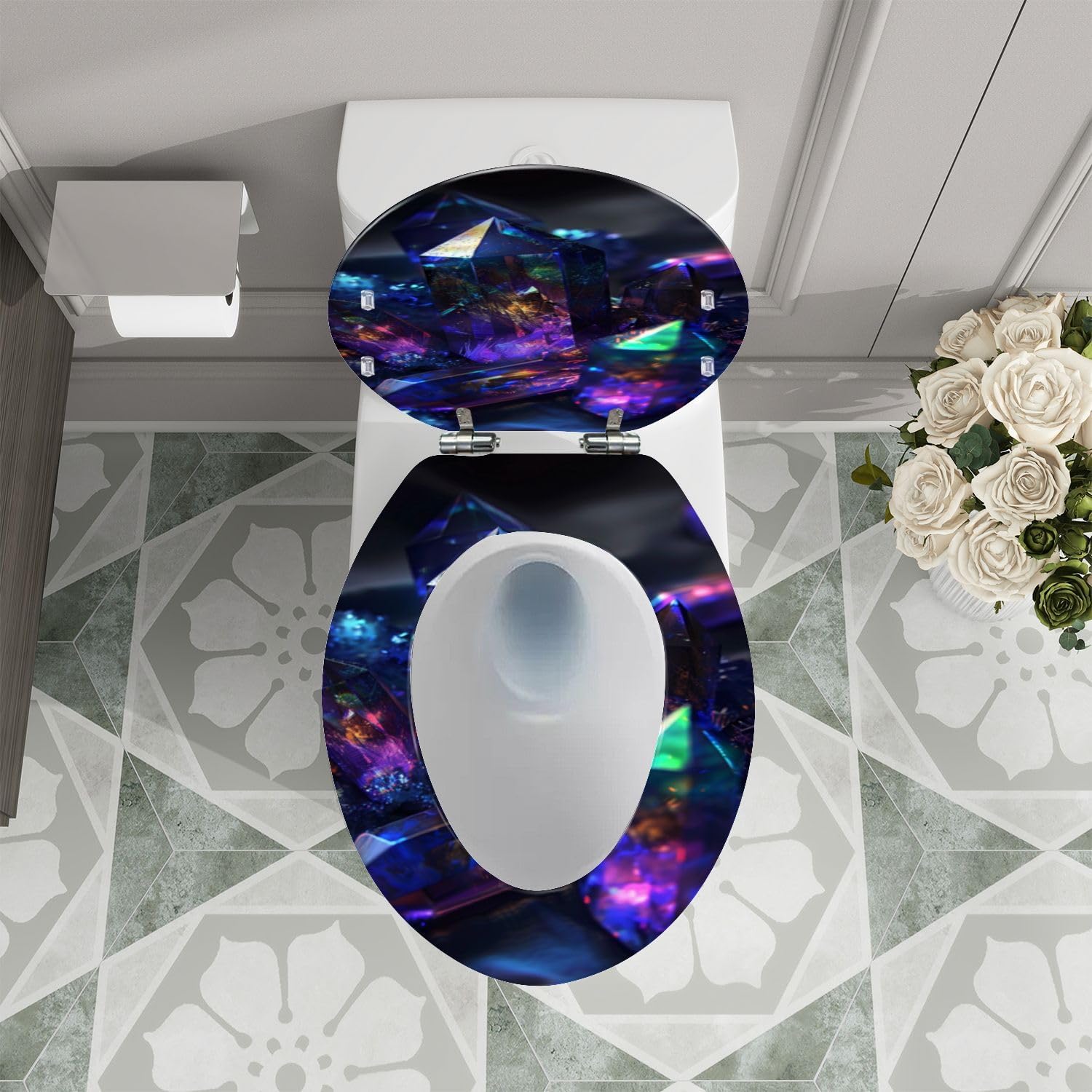 Elongated Toilet Seat Dark Background AYSt Quartz Facets Internal Glow Resin Toilet Seat Quietly Close Quick Release Hinges Decorative Toilet Seat with Cover Easy to Install