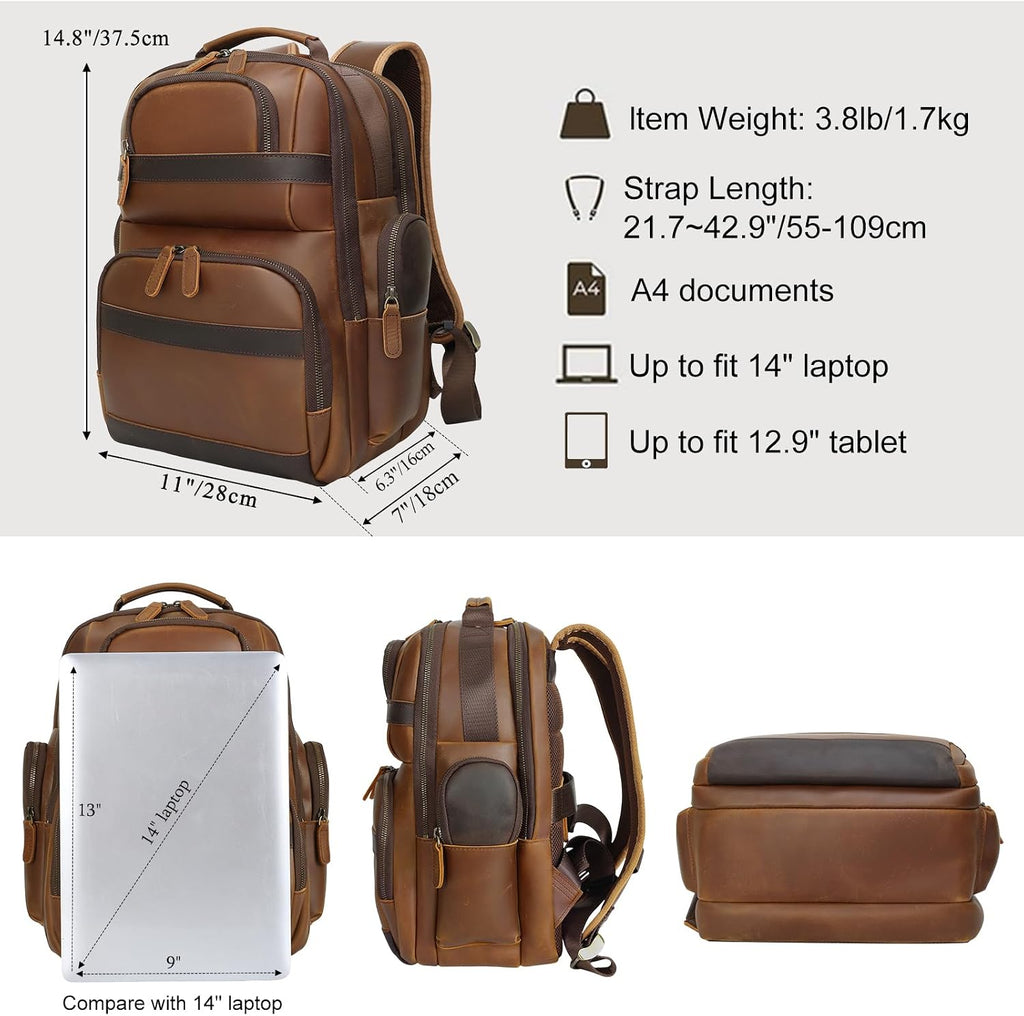 TIDING Men's Vintage Leather Backpack 15.6' Laptop Bag Large Capacity Business Travel Hiking Shoulder Daypacks
