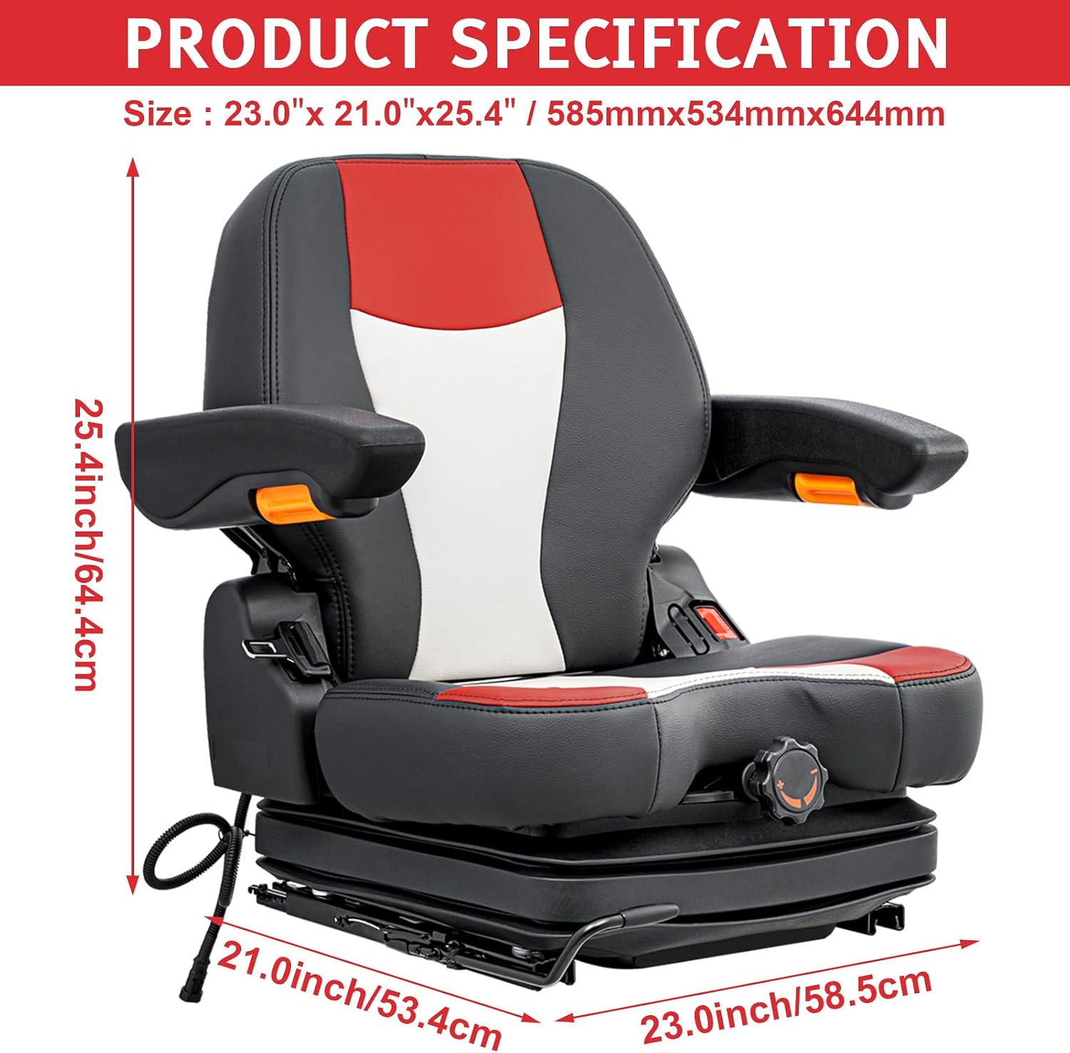 Universal Tractor Seat,Highback Low Suspension Forklift, Adjustable Backrest and Slide Rails,Adjustable Armrests Shock Absorber Heavy Duty Seat for Toro Mower Excavator Harvester